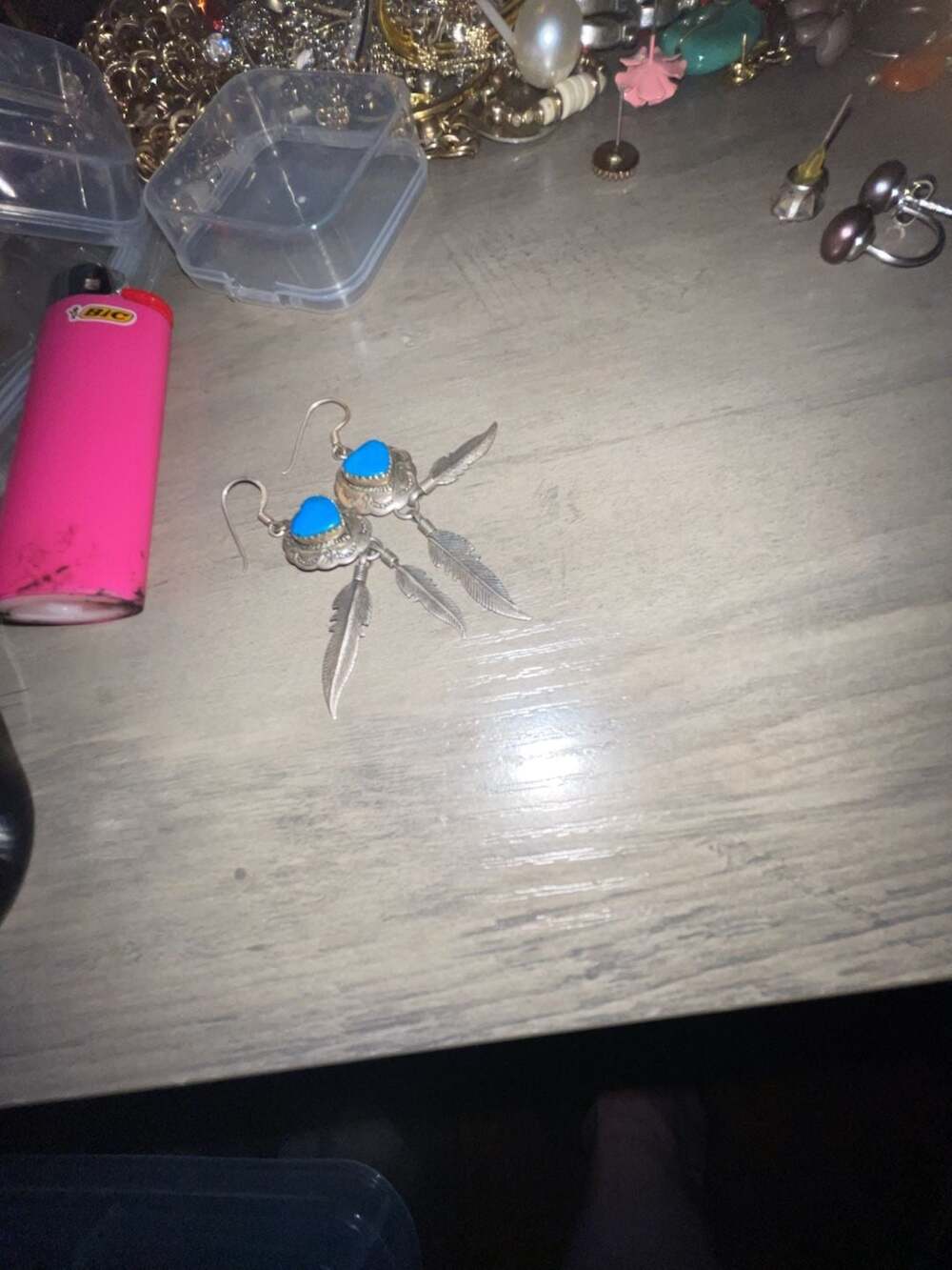 Vintage Southwestern Sterling Silver Turquoise Feather Earrings